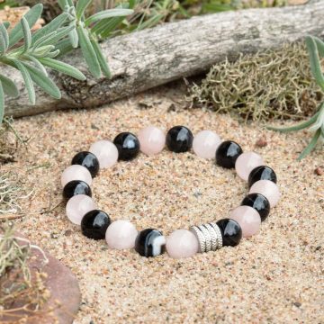 Pulsera de Ágata Negra y Cuarzo Rosa