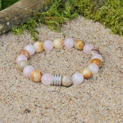 Pulsera de Ágata de Encaje y Cuarzo Rosa